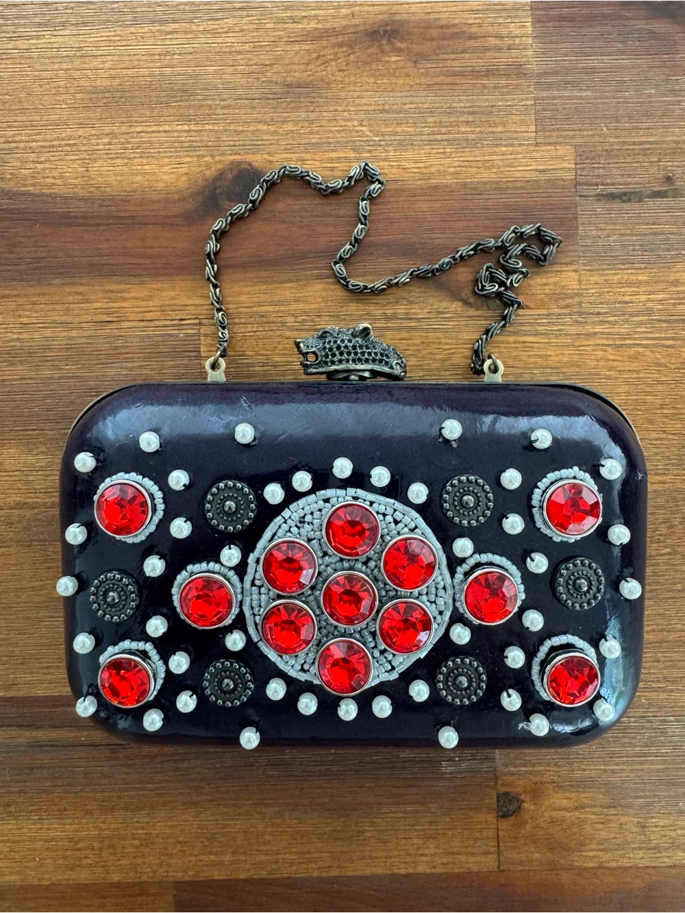 Kate Landry Navy Jeweled Clutch with Red Gem Accents